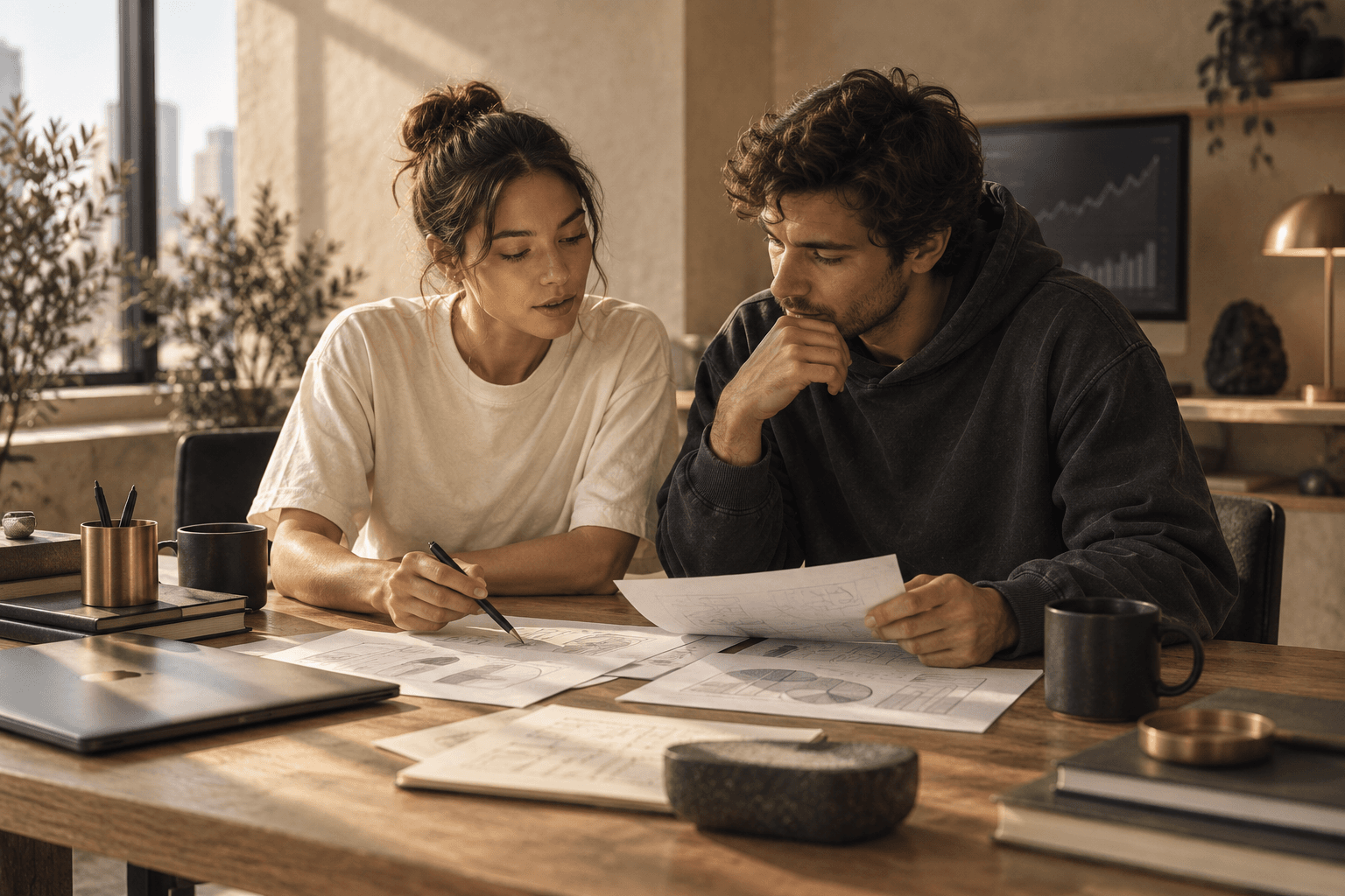 Two people talking through their work beside a trading desk in a warm, light-filled studio.