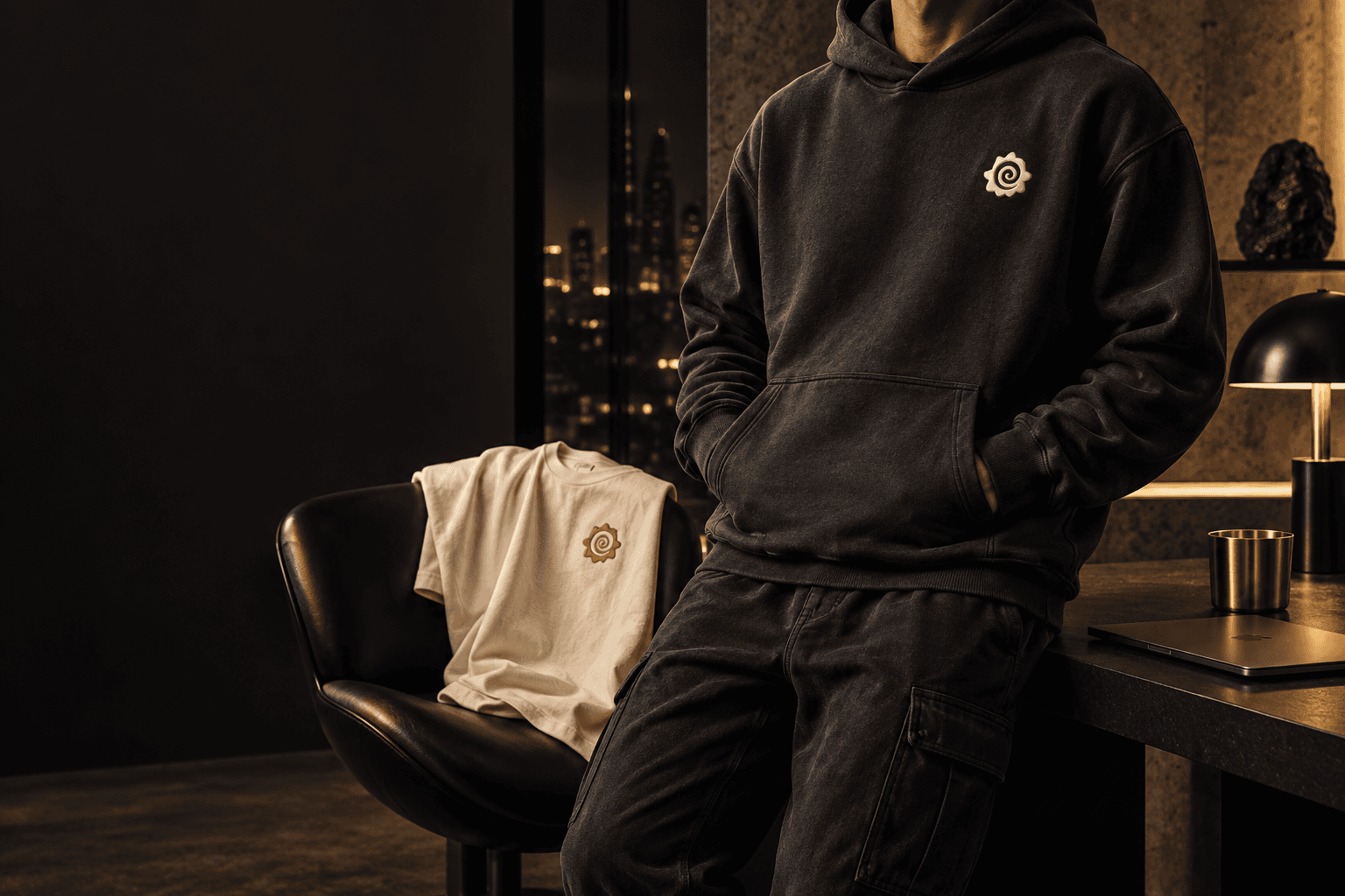 Charcoal NukBord hoodie and ivory logo tee in a warm evening studio.